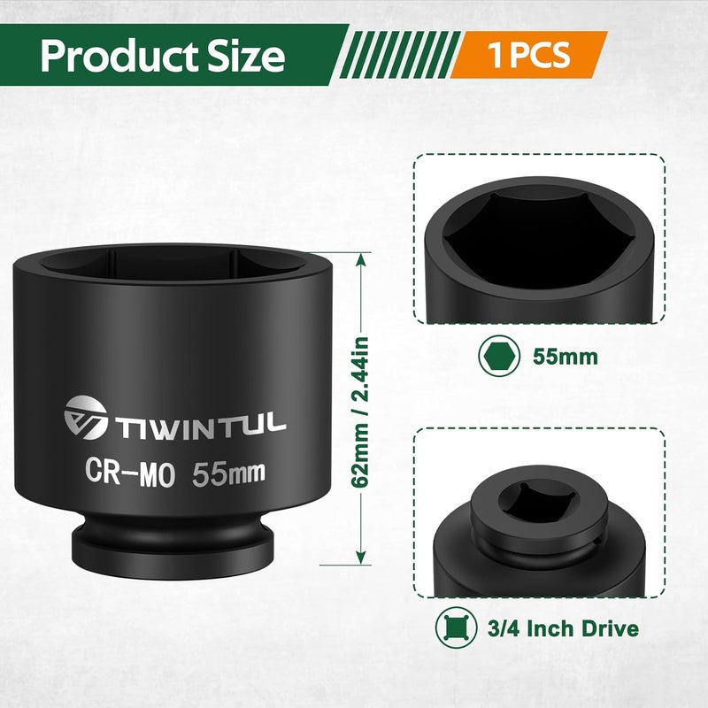TIWINTUL 3/4 Inch Drive Metric Impact Socket 55mm, 6-Point Design, Heat-Treated Chrome Molybdenum Alloy Steel, Spindle Axle Nut Socket for Auto Repair, Easy Removal - Image 2